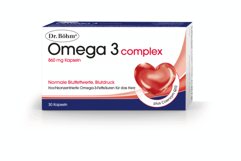Verpackung von Dr. Böhm Omega 3 complex Kapseln, zur Unterstützung normaler Blutwerte, mit Herzsymbol.