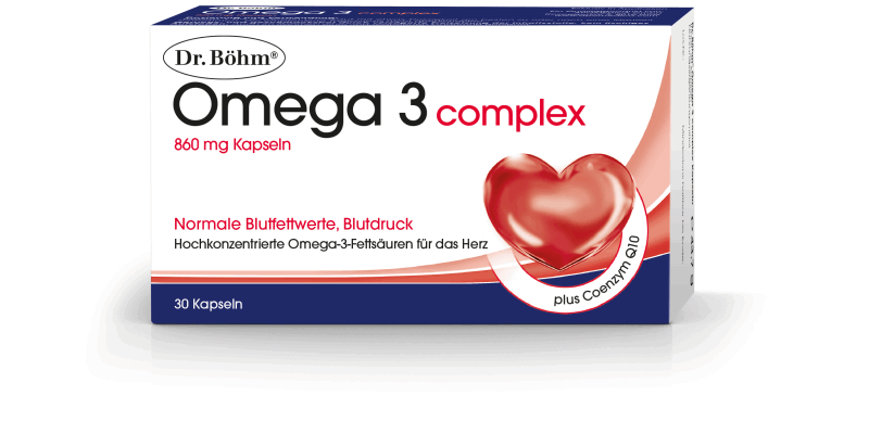 Verpackung von Dr. Böhm Omega 3 complex Kapseln, zur Unterstützung normaler Blutwerte, mit Herzsymbol.