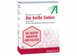 Verpackung von 'Die heiße Sieben', einem pulverförmigen Heilmittel zur Herstellung einer Lösung gegen Krämpfe und Koliken.