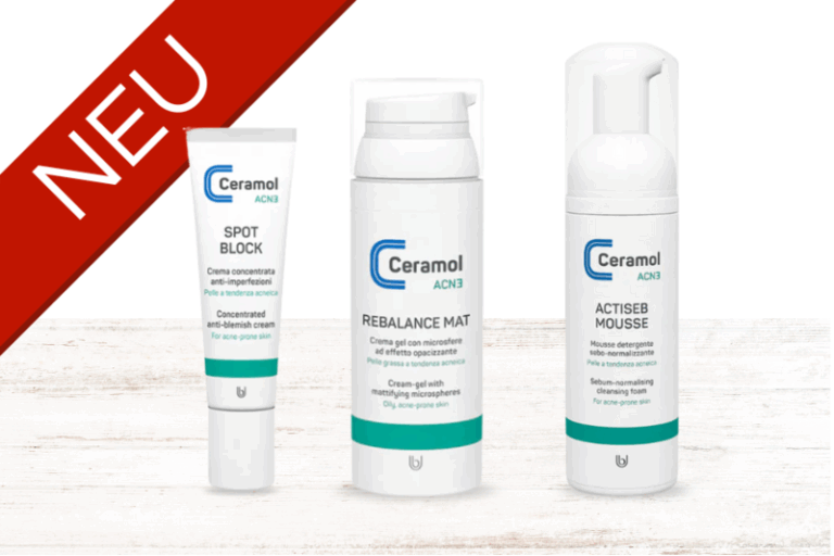 Drei Hautpflegeprodukte von Ceramol ACN3 auf einem hellen Hintergrund, gekennzeichnet mit 'NEU' in der oberen linken Ecke.