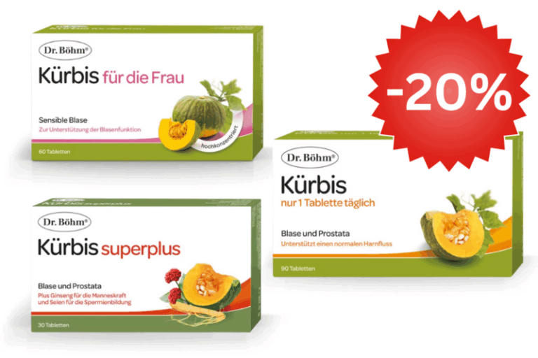 Drei Kartons von Dr. Böhm mit Kürbisprodukten für Blase und Prostata, einer mit -20% Rabatt.