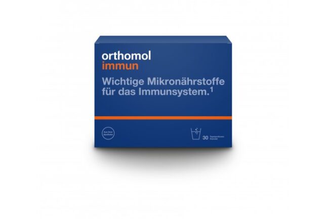 Paket von orthomol immun mit der Aufschrift "Wichtige Mikronährstoffe für das Immunsystem" und einem Glas Wasser-Symbol.