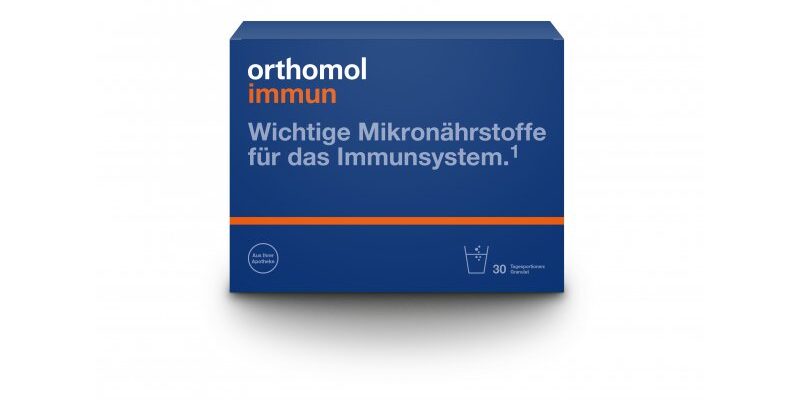 Orthomol_Immun_30er_Granulat.jpg Paket von orthomol immun mit der Aufschrift "Wichtige Mikronährstoffe für das Immunsystem" und einem Glas Wasser-Symbol.