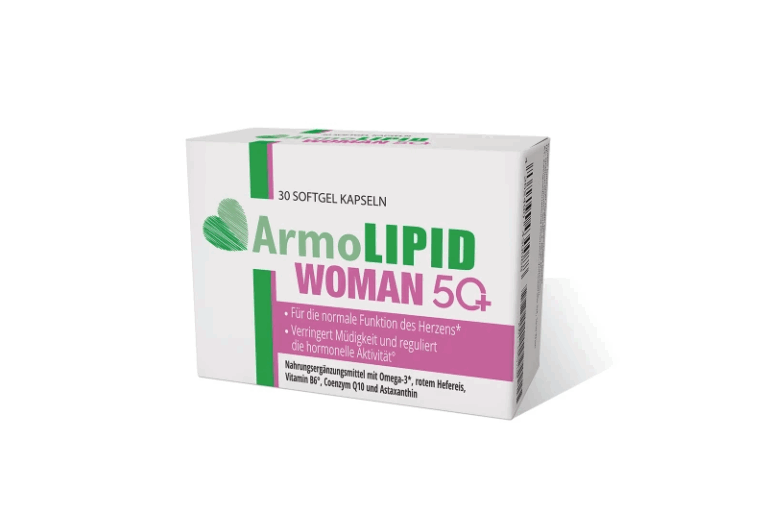 Verpackung von ArmoLipid WOMAN 5+, Nahrungsergänzungsmittel in Softgel-Kapseln für Frauen.