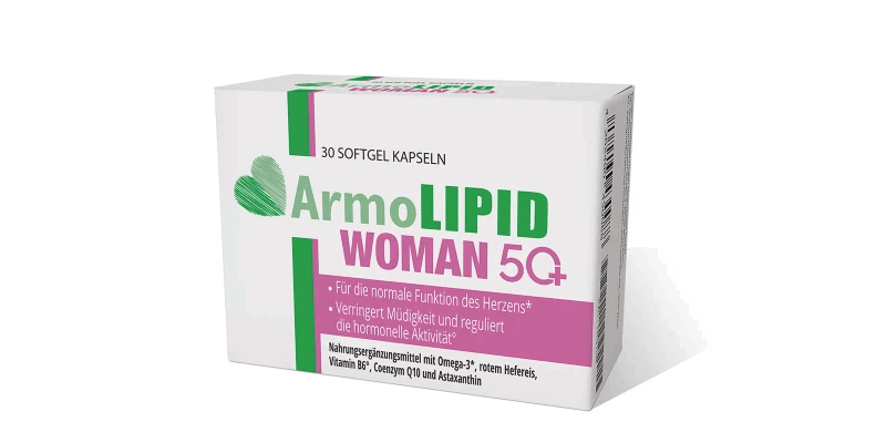Verpackung von ArmoLipid WOMAN 5+, Nahrungsergänzungsmittel in Softgel-Kapseln für Frauen.