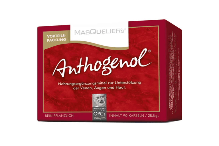 Rote Verpackung von Anthogenol, einem pflanzlichen Nahrungsergänzungsmittel zur Unterstützung von Venen, Augen und Haut.