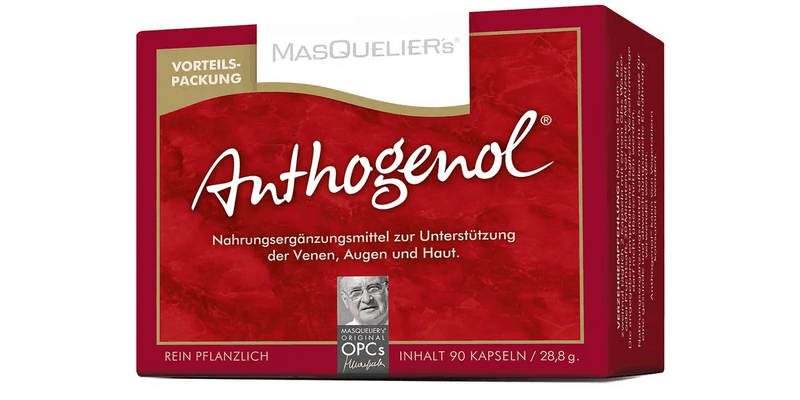 Anthogenol-Masqueliers-2024.png Rote Verpackung von Anthogenol, einem pflanzlichen Nahrungsergänzungsmittel zur Unterstützung von Venen, Augen und Haut.