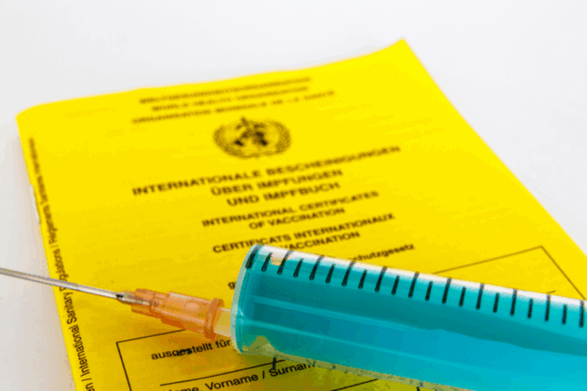 Spritze mit blauer Flüssigkeit neben einem gelben Impfpass, der Informationen zu Impfungen enthält.