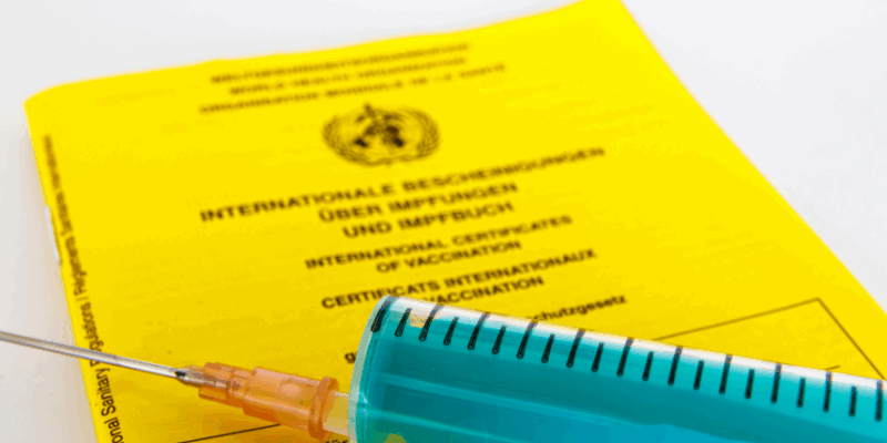 Spritze mit blauer Flüssigkeit neben einem gelben Impfpass, der Informationen zu Impfungen enthält.