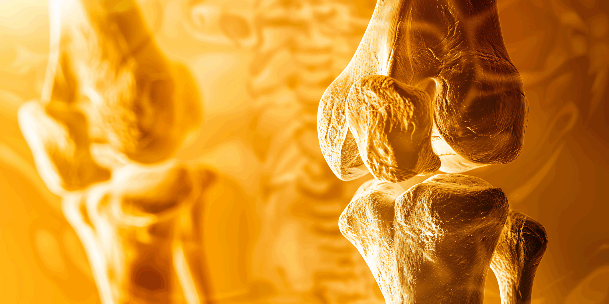 Knochen.png Detailaufnahme eines menschlichen Knies mit orangefarbener Hintergrundbeleuchtung.