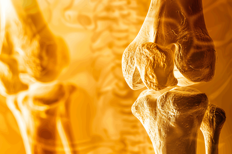Detailaufnahme eines menschlichen Knies mit orangefarbener Hintergrundbeleuchtung.