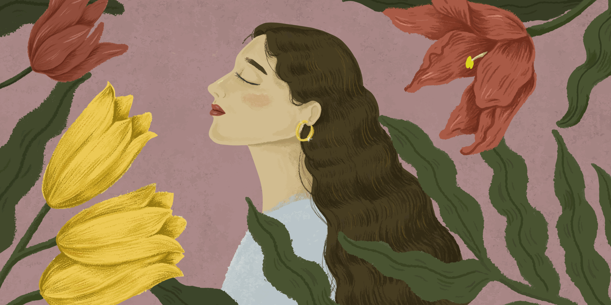 Eine Frau mit langen Haaren ist umgeben von bunten Blumen auf einem rosa Hintergrund.