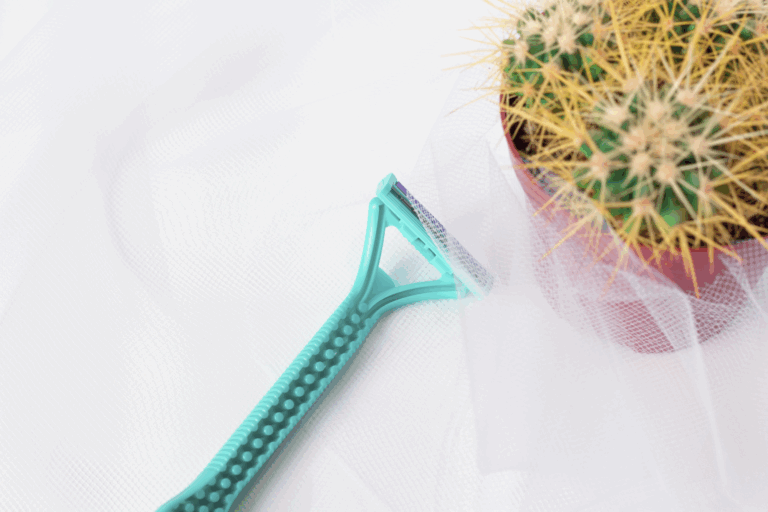 Ein grüner Rasierer liegt neben einem Topf mit einem Kaktus, umgeben von einem transparenten Stoff.