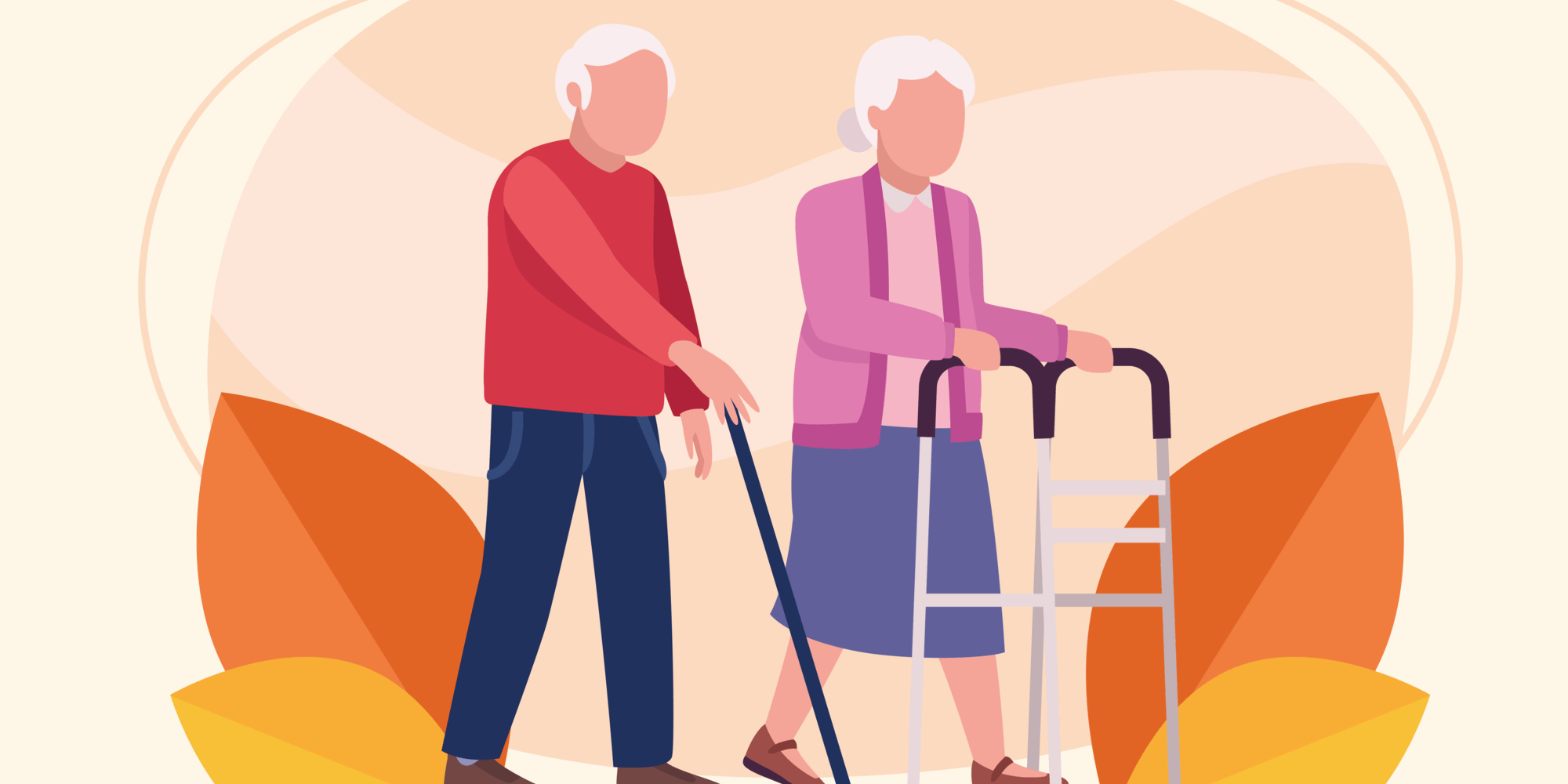 Ein älteres Paar geht zusammen, der Mann mit einem Gehstock und die Frau mit einem Rollator, umgeben von bunten Laubblättern.