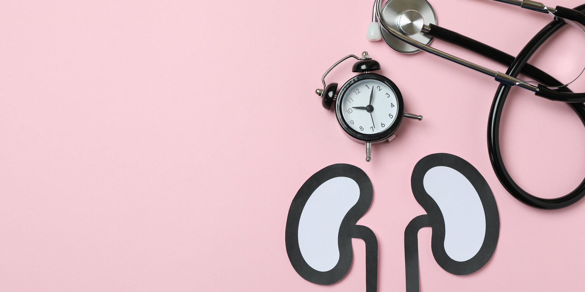 Papierfiguren von Nieren auf einem rosa Hintergrund, daneben eine Armbanduhr und ein Stethoskop.