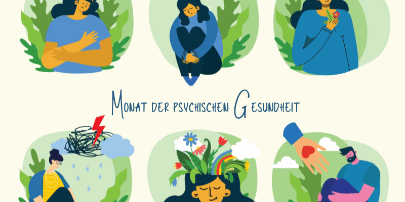 Illustration zum Monat der psychischen Gesundheit mit sechs Szenen, die emotionale Themen und Selbstfürsorge darstellen.