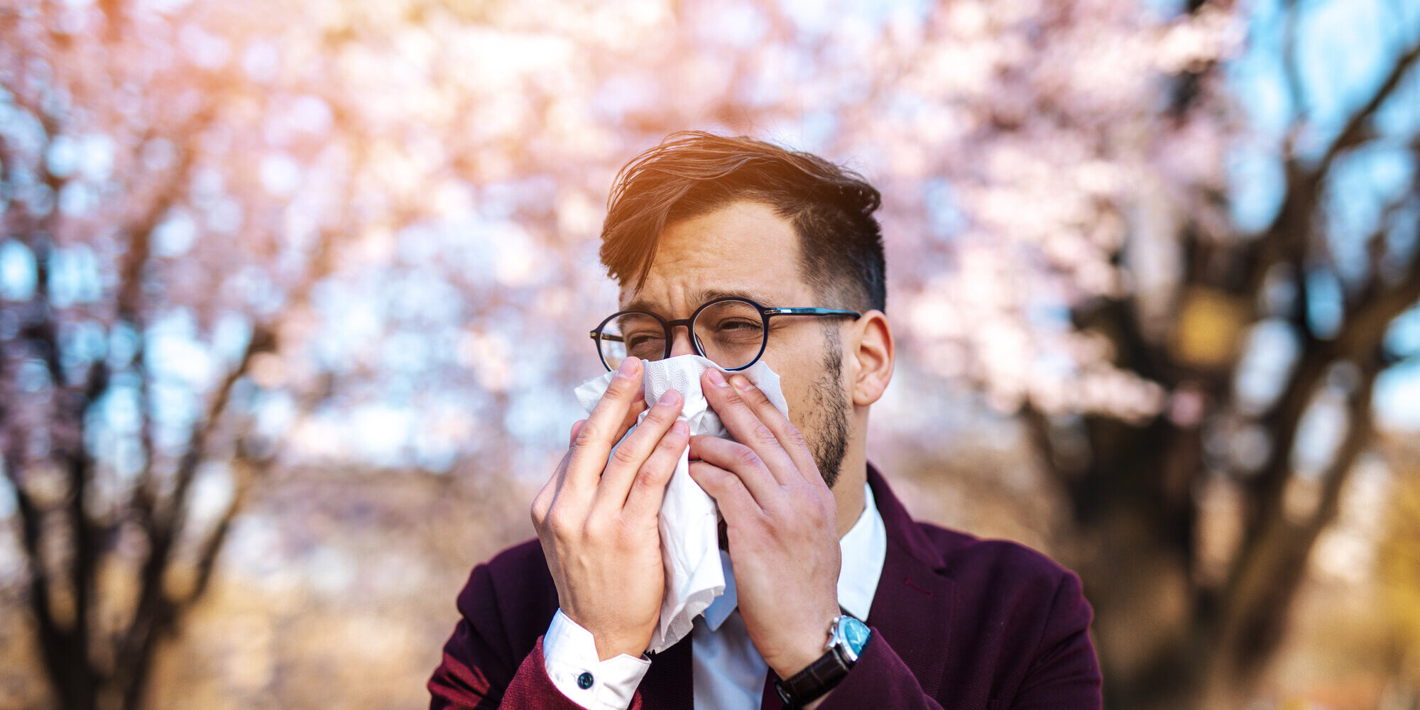 Heuschnupfen.jpg Ein Mann in einem Anzug benutzt ein Taschentuch, um sich die Nase zu putzen, vor blühenden Bäumen im Hintergrund.