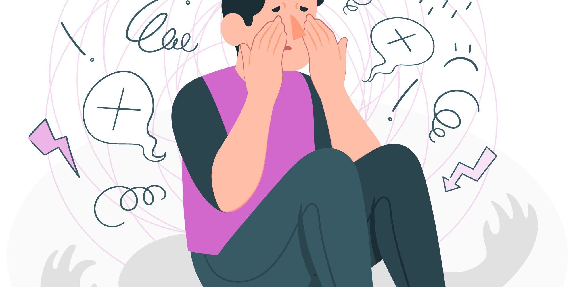 Panik.jpg Eine Person sitzt mit gesenktem Kopf und Händen im Gesicht, umgeben von wirren Gedanken und Symbolen von Stress.