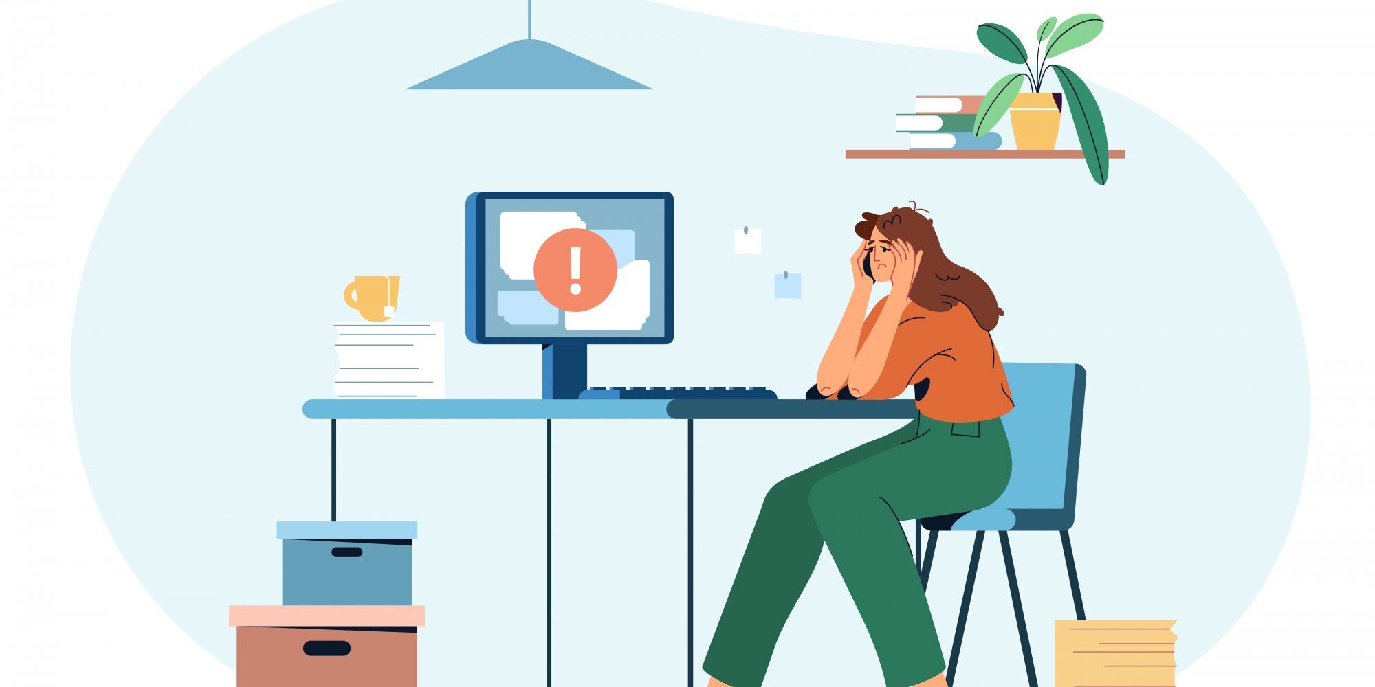 Eine gestresste Frau sitzt an einem Schreibtisch mit einem Computer, der eine Fehlermeldung anzeigt, umgeben von Unterlagen und Pflanzen.
