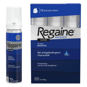 Verpackung von Regaine für Männer, enthält Schaum mit 50 mg/g Minoxidil zur Behandlung von Haarausfall. 12 Wochen Vorrat.