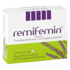 Verpackung von remifemin Tabletten, pflanzliches Arzneimittel gegen Wechseljahresbeschwerden, mit lila und grüner Gestaltung.
