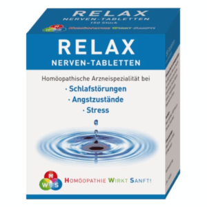Verpackung mit Relax Nerventabletten, die bei Schlafstörungen, Angstzuständen und Stress helfen sollen.