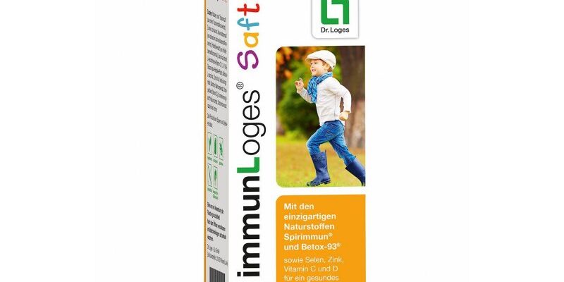 Verpackung des Immunloges Saftes für Kinder, mit Bildern und Angaben zu Inhaltsstoffen und Anwendung.