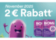 Rabattaktion für Biomi AB Reload Produkte, mit einem lilafarbenen Charakter und Verpackungen in lila und pink.