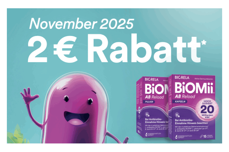 Rabattaktion für Biomi AB Reload Produkte, mit einem lilafarbenen Charakter und Verpackungen in lila und pink.