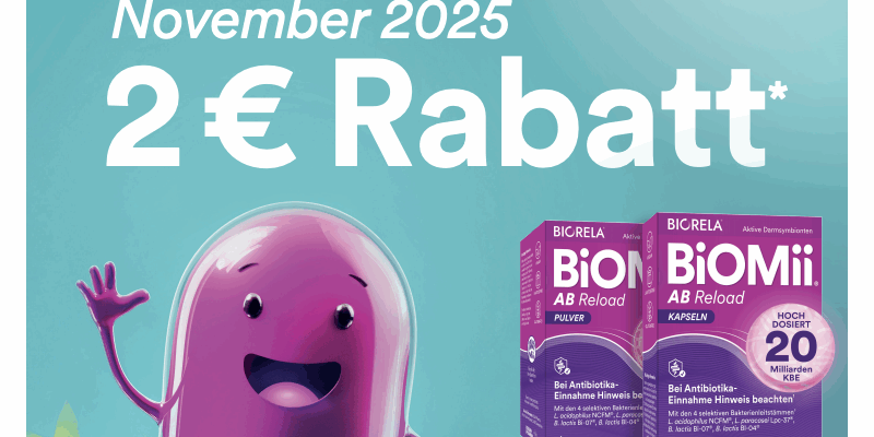 Rabattaktion für Biomi AB Reload Produkte, mit einem lilafarbenen Charakter und Verpackungen in lila und pink.