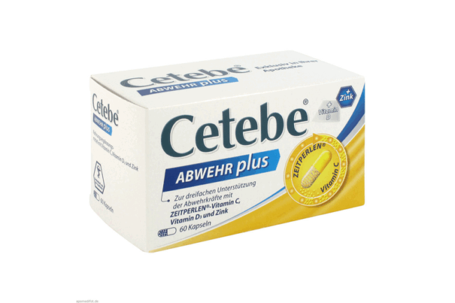 Verpackung von Cetebe ABWEHR plus, die 60 Kapseln zur Unterstützung der Abwehrkräfte mit Vitaminen enthält.