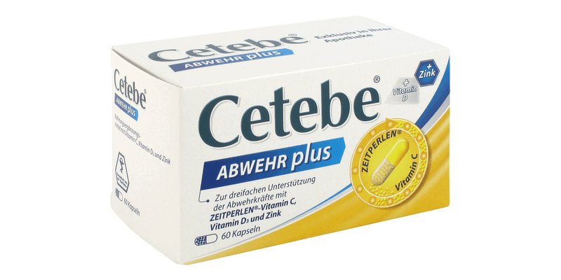 Verpackung von Cetebe ABWEHR plus, die 60 Kapseln zur Unterstützung der Abwehrkräfte mit Vitaminen enthält.