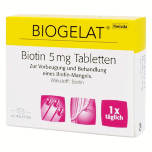 Verpackung mit Biogelat Biotin 5 mg Tabletten zur Bekämpfung von Biotin-Mangel. Enthält 40 Tabletten.