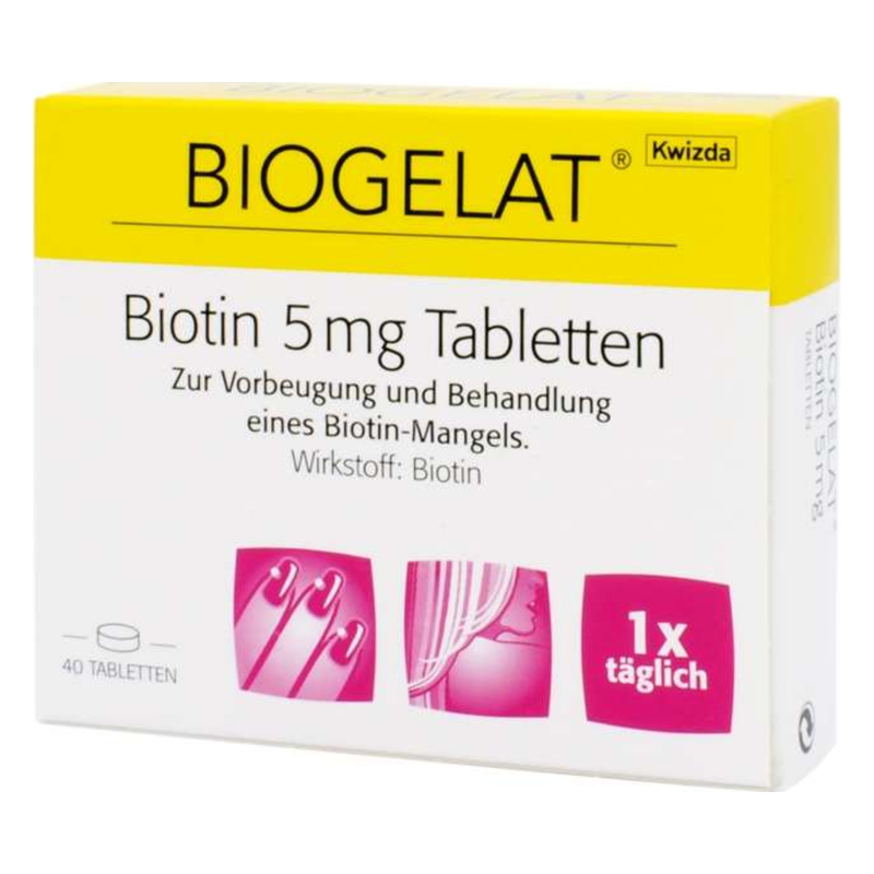 Verpackung mit Biogelat Biotin 5 mg Tabletten zur Bekämpfung von Biotin-Mangel. Enthält 40 Tabletten.