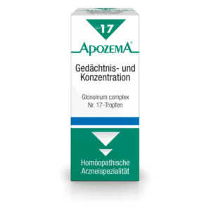 Produktverpackung von ApozemA Nr. 17, einem homöopathischen Mittel zur Unterstützung von Gedächtnis und Konzentration.