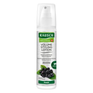 Ein Flakon mit Rausch Volume Styling Lotion, der Hitzeschutz und Volumen für das Haar bietet, mit Aronia-Extrakt.