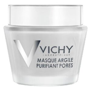 Helle, runde Dose mit weißem Inhalt, beschriftet mit "Vichy Masque Argile Purifiant Pores" und einem silbernen Logo.