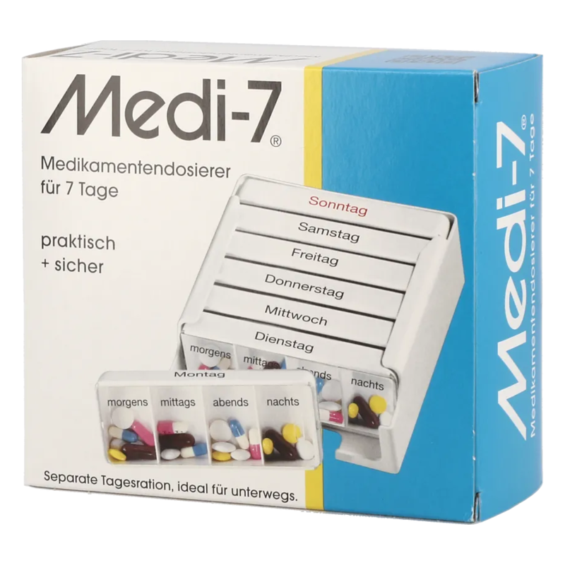 Medikamentendosierer für 7 Tage mit Fächern für jede Tageszeit und Wochentage auf der Verpackung.