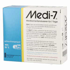 Medi-7 Medikamentendosierer für 7 Tage in einer blauen Verpackung mit Anleitung zur Nutzung.