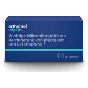 Verpackung von orthomol vital m, eine Nahrungsergänzung zur Verringerung von Müdigkeit und Erschöpfung.