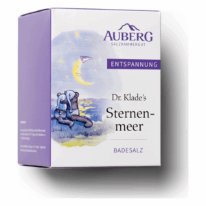 Verpackung für Badesalz "Sternenmeer" mit einer beruhigenden, nächtlichen Illustration und dem Schriftzug "Entspannung".