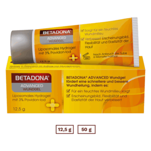 Tube mit liposomalem Hydrogel Wundgel für schnellere Wundheilung auf gelbem Verpackungshintergrund.