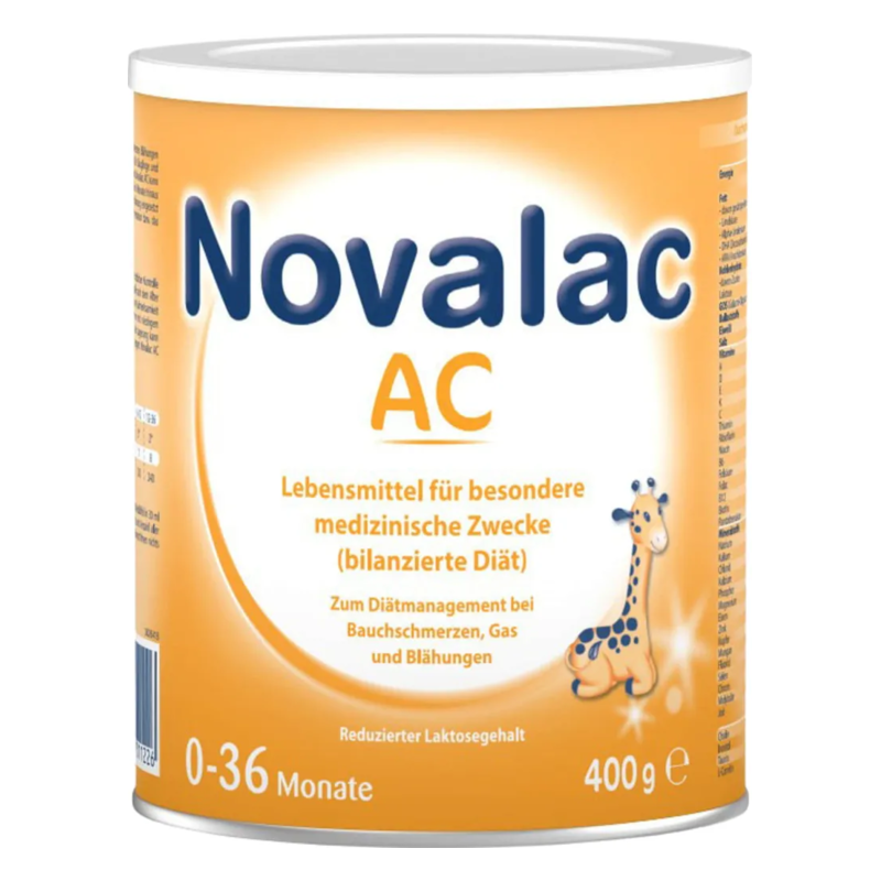 Dose mit Novalac AC, einem speziellen Lebensmittel für Säuglinge zur diätetischen Unterstützung bei Blähungen.