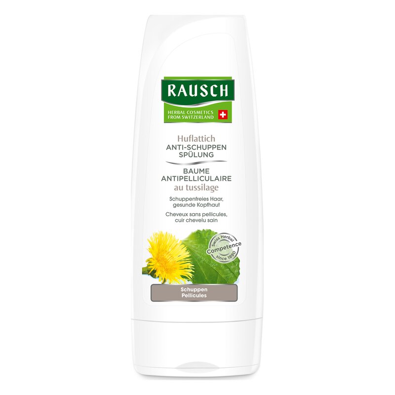 Flasche mit Huflattich Anti-Schuppen Spülung von Rausch, mit gelber Blume und grünen Blättern.