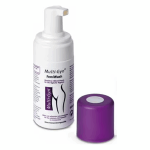 Flasche mit Pumpspender für Multi-Gyn FemiWash, ergänzt durch einen lila Deckel.