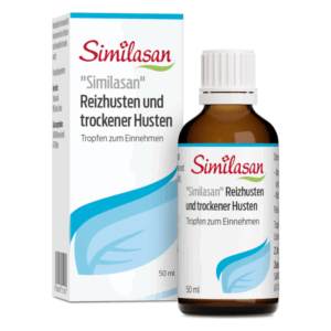 Braune Tropfflasche mit weißem Deckel und einer Verpackung; enthält Similasan für Reizhusten und trockenen Husten.