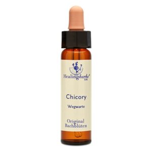 Braune Glasflasche mit Tropfverschluss, Inhalt "Wegwarte" Bachblüten von Healing Herbs, mit klarer Etikettierung.