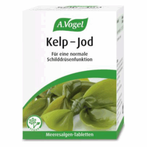 Verpackung von A.Vogel Kelp-Jod Meeresalgen-Tabletten für Schilddrüsenfunktion, mit grünem Design und veganem Symbol.