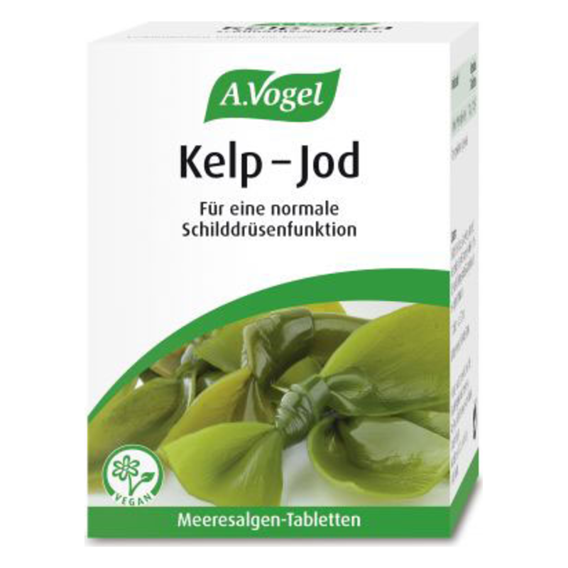 Verpackung von A.Vogel Kelp-Jod Meeresalgen-Tabletten für Schilddrüsenfunktion, mit grünem Design und veganem Symbol.