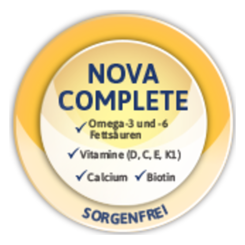 Rundes Etikett für NOVA COMPLETE mit Informationen zu Inhaltsstoffen und Vorteilen wie Omega-3 und Vitaminen.